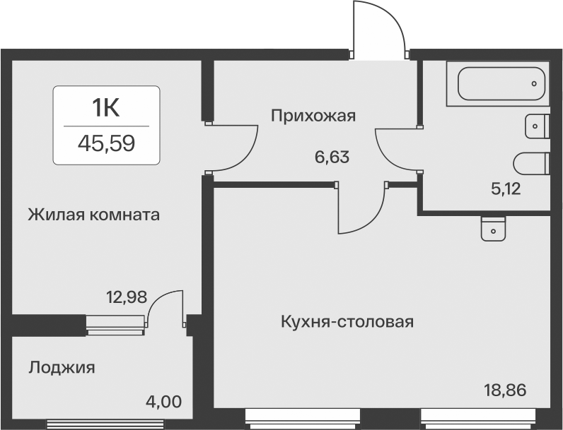 1-комнатная квартира 45.59 м², 2/11 эт., ЖК «Расцветай в Янино»